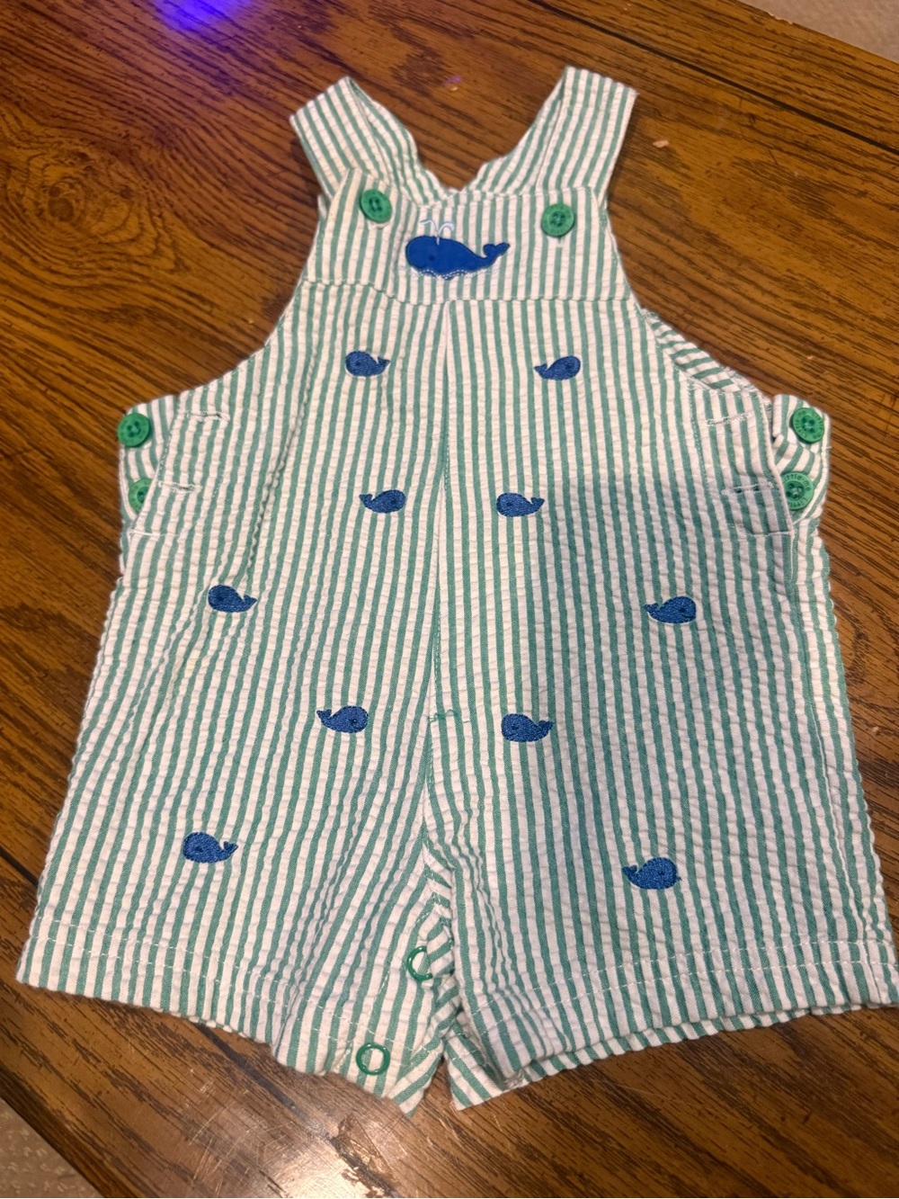 6 for $10 Green and White Striped with Blue Whale Patch overalls